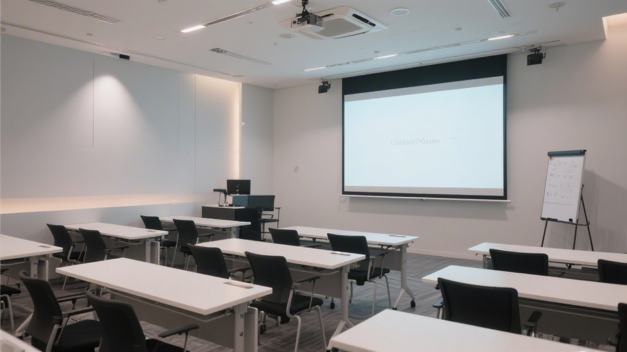 Modern training studio interior with clean desks, a presentation screen, and soft lighting designed for professional workshops in Hong Kong.