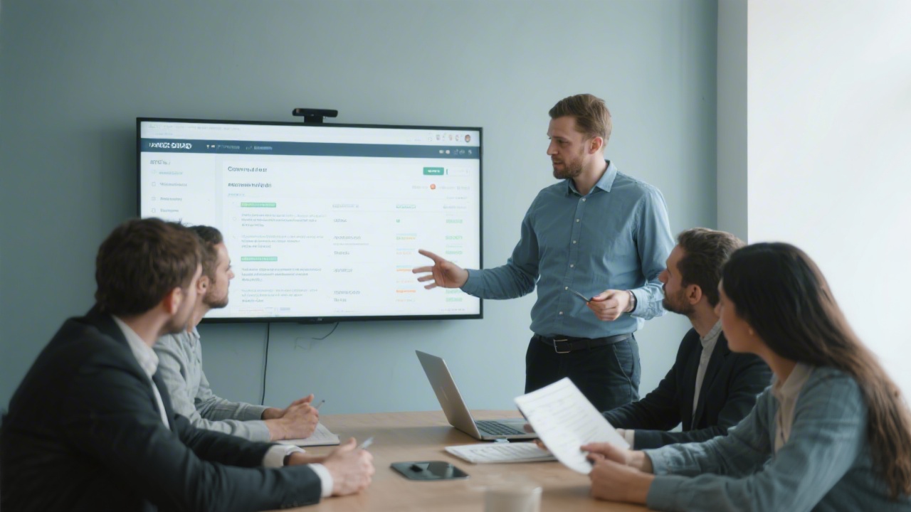 Instructor guiding a focused audit session with a small team reviewing SEO findings on a shared screen in a calm meeting room.