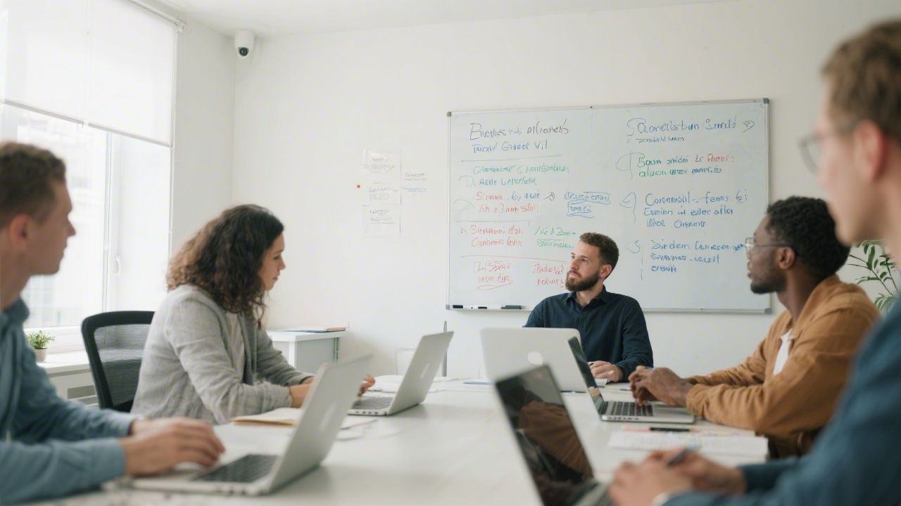 Small group workshop in a bright training room with bilingual notes on a whiteboard and laptops open for content planning.