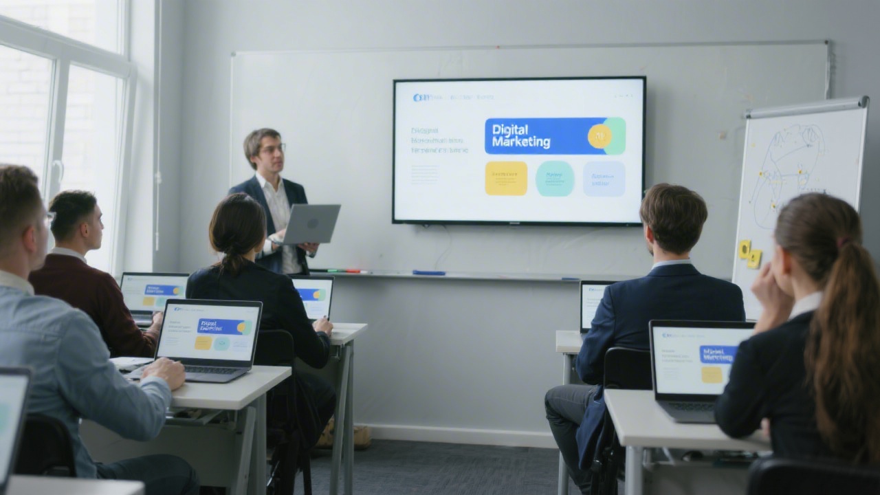 Professional classroom with participants listening to a digital marketing presentation, laptops open, and a clear visual screen in front.
