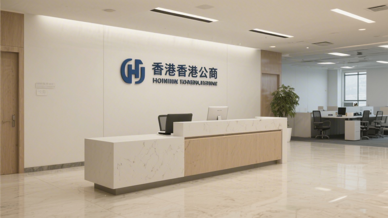Professional office reception area with clean signage, neutral tones, and a welcoming desk that represents a modern Hong Kong business environment.