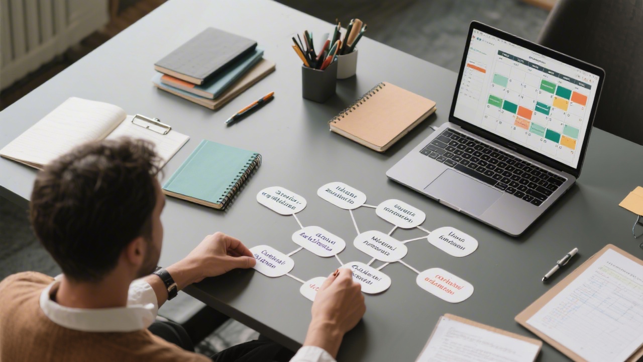 Content strategist arranging topic clusters on a large desk with notebooks, bilingual drafts, and a laptop displaying a planning calendar.
