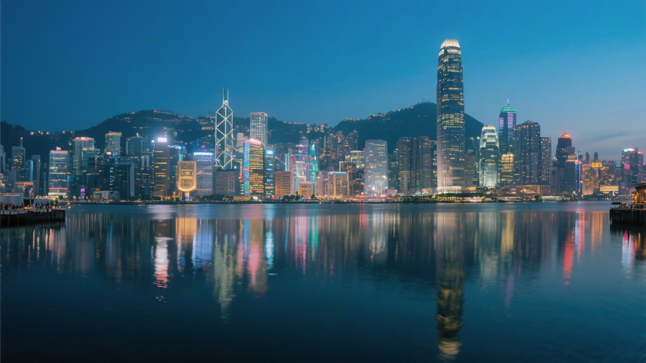 Evening skyline of Hong Kong with illuminated towers and harbor reflections, conveying a modern business environment and digital growth opportunity.