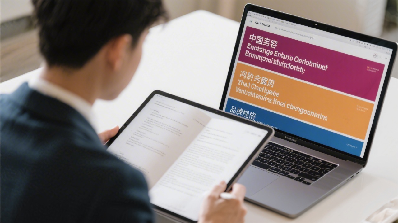 Content strategist reviewing bilingual localization drafts on a tablet and laptop with Chinese and English headlines aligned to brand guidelines.