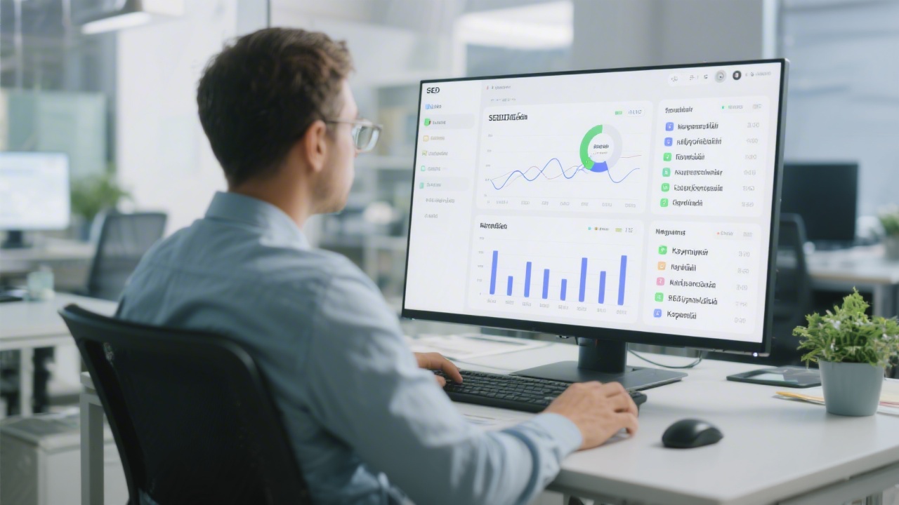 Marketing analyst reviewing a clean SEO dashboard on a large monitor with performance charts and bilingual keyword groups in a modern office.